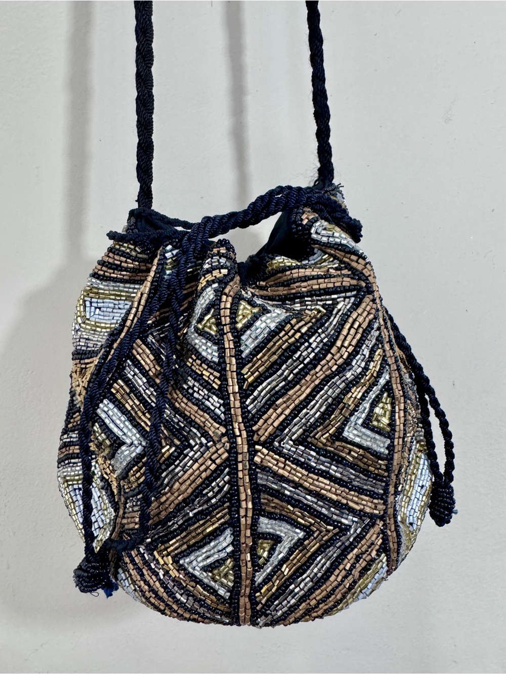 Zara Beaded Satin Drawstring Bucket Bag in Black and Gold Maximalist Party Glam